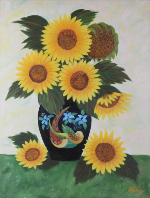 Sunflower Bouquet Oil on Canvas Painting from India, 'Sunflower Splendor' Sunflower Bouquet Oil on Canvas Painting from India, 'Sunflower Splendor'