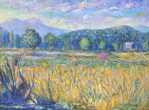 Thai-Made Impressionist Oil on Canvas Painting of Rice Field, 'Rice Field in Winter' Thai-Made Impressionist Oil on Canvas Painting of Rice Field, 'Rice Field in Winter'