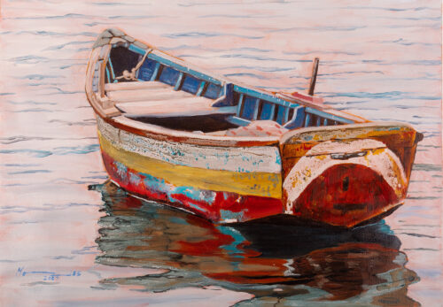 Unstretched Impressionist Oil Painting of Boat and Sea, 'Boat at Sunset II'