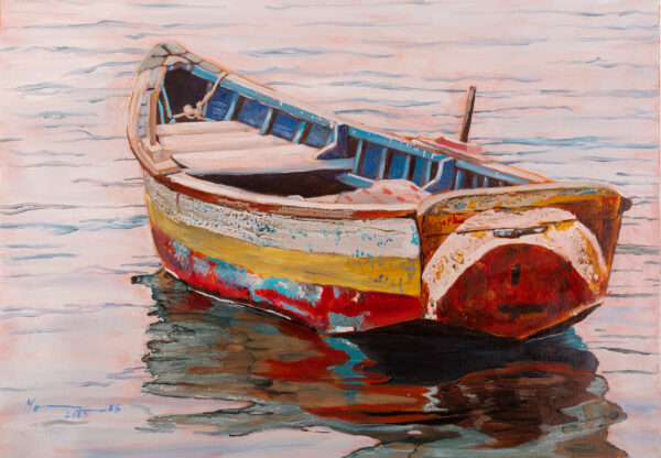 Unstretched Impressionist Oil Painting of Boat and Sea, 'Boat at Sunset II'
