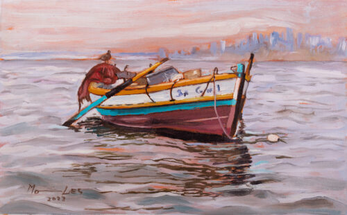 Unstretched Impressionist Oil Painting of Colorful Boat, 'Boat at Sunset I'