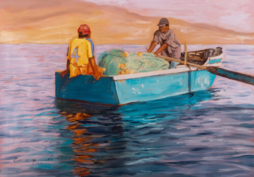 Unstretched Impressionist Oil Painting of Fishermen at Sea, 'Fishermen'