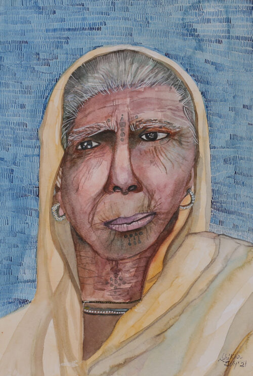 Watercolor Acrylic on Paper Portrait of Eldery Indian Woman, 'Wisdom in Wrinkles'