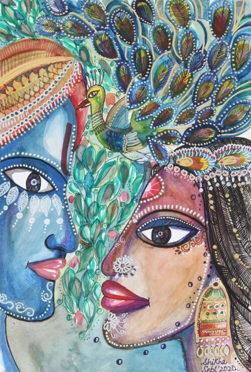 Watercolor Painting on Paper with Peacock Motif, 'Raas Leela'