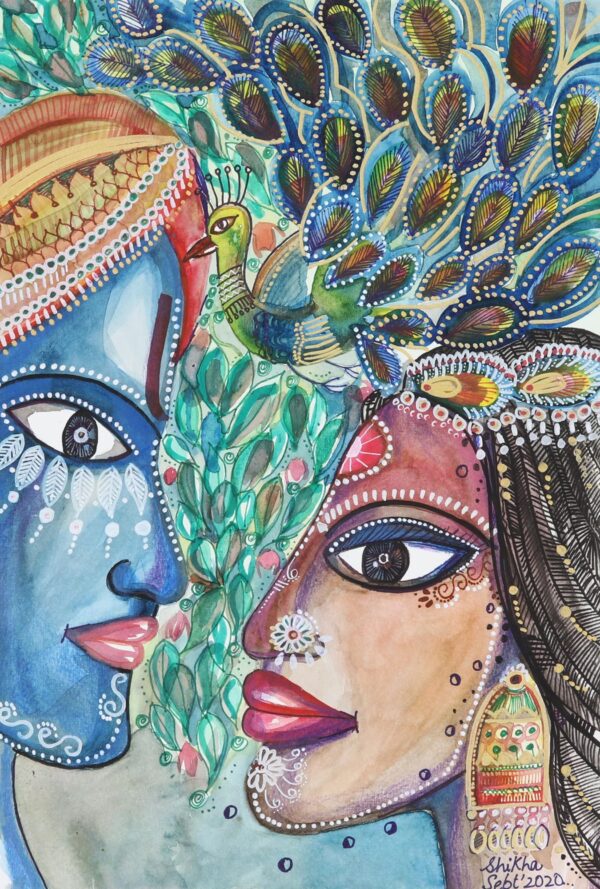 Watercolor Painting on Paper with Peacock Motif, 'Raas Leela'