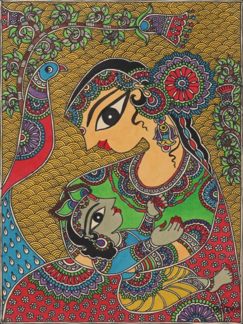 Yashoda Krishna Acrylic & Dyes on Paper Madhubani Painting, 'Yashoda with Krishna'